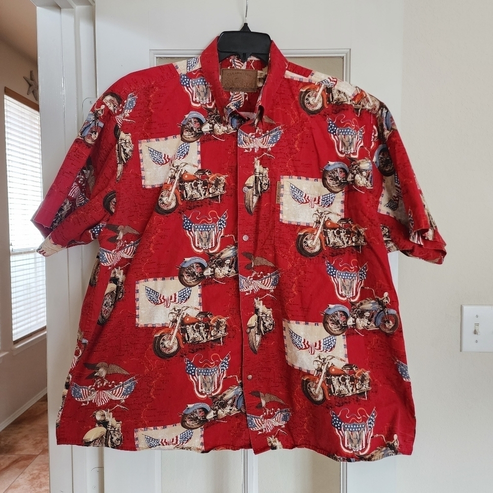Clearwater Outfitters Mens XXL Patriotic Motorcycle Red USA Flag Eagle Button Up
